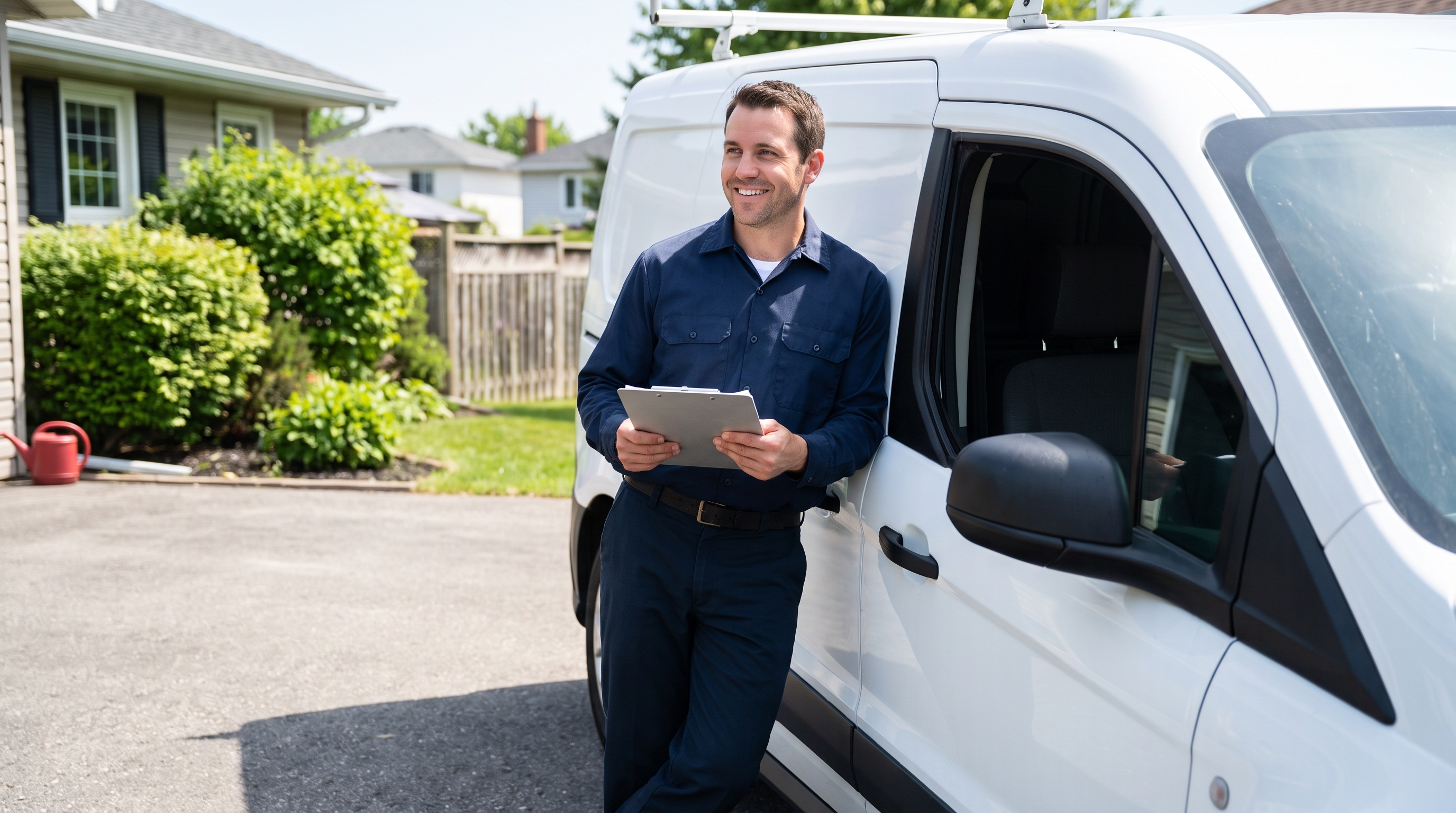 a plumber beside a service van in a suburban driveway