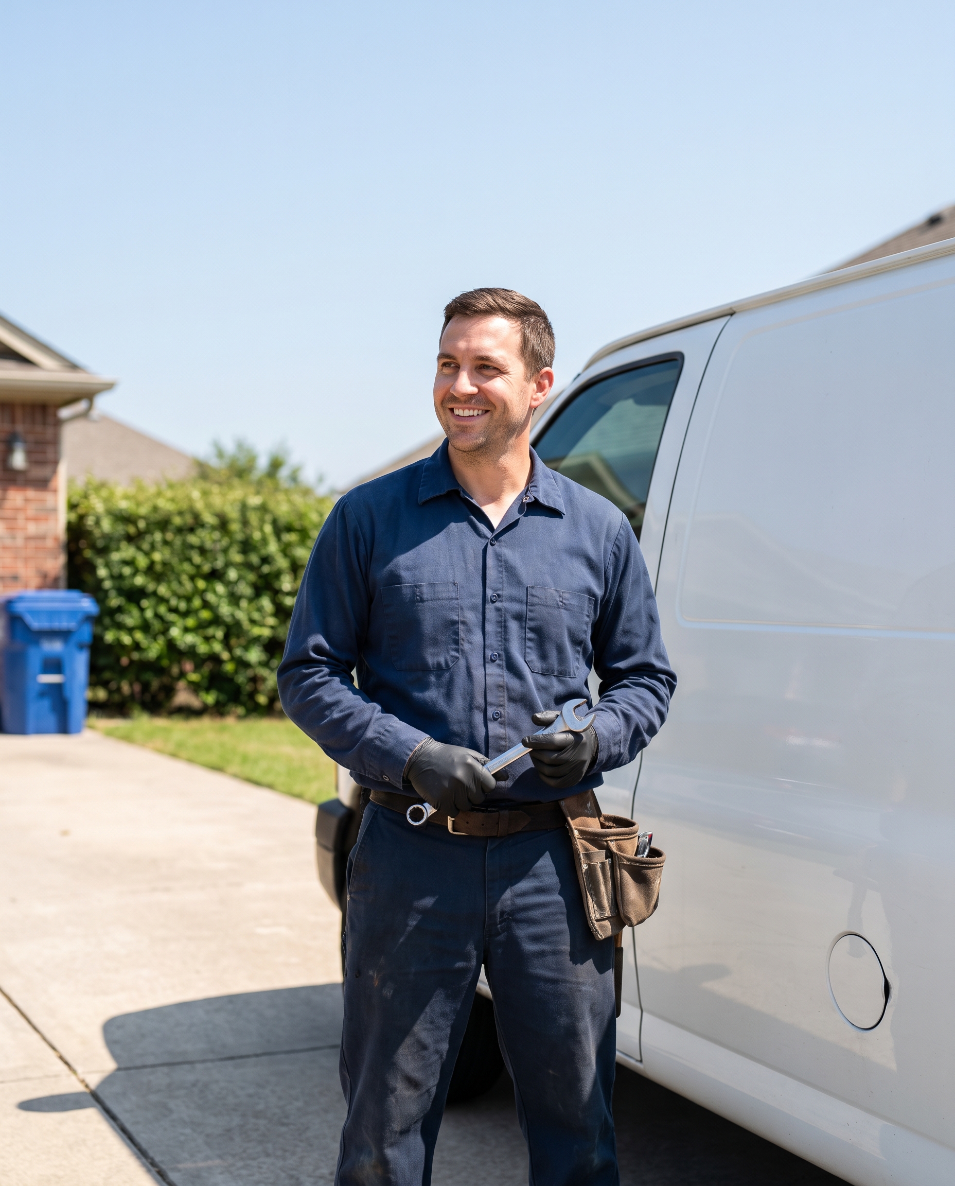 a plumber beside a service van in a suburban driveway