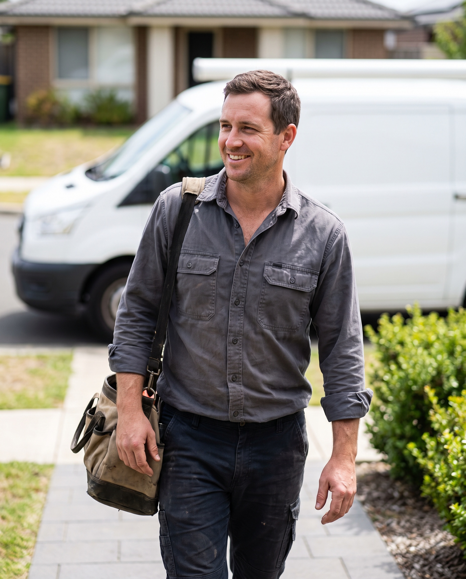 A plumber beside a service van in a suburban driveway