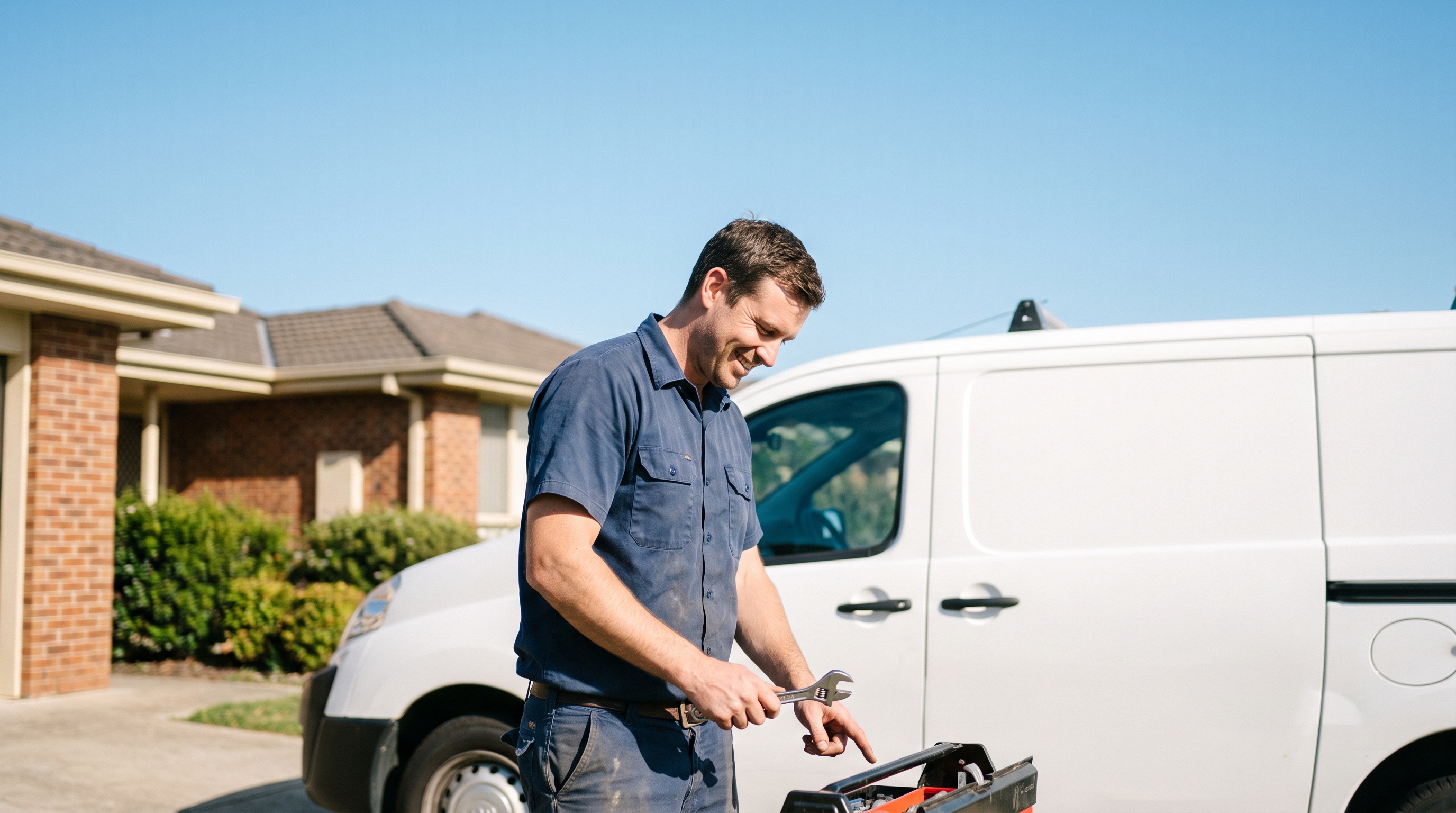 a plumber beside a service van in a suburban driveway