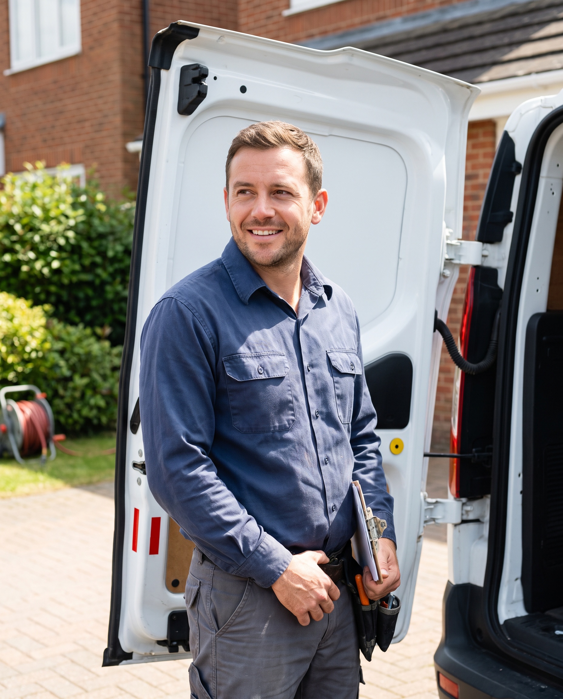 a plumber beside a service van in a suburban driveway