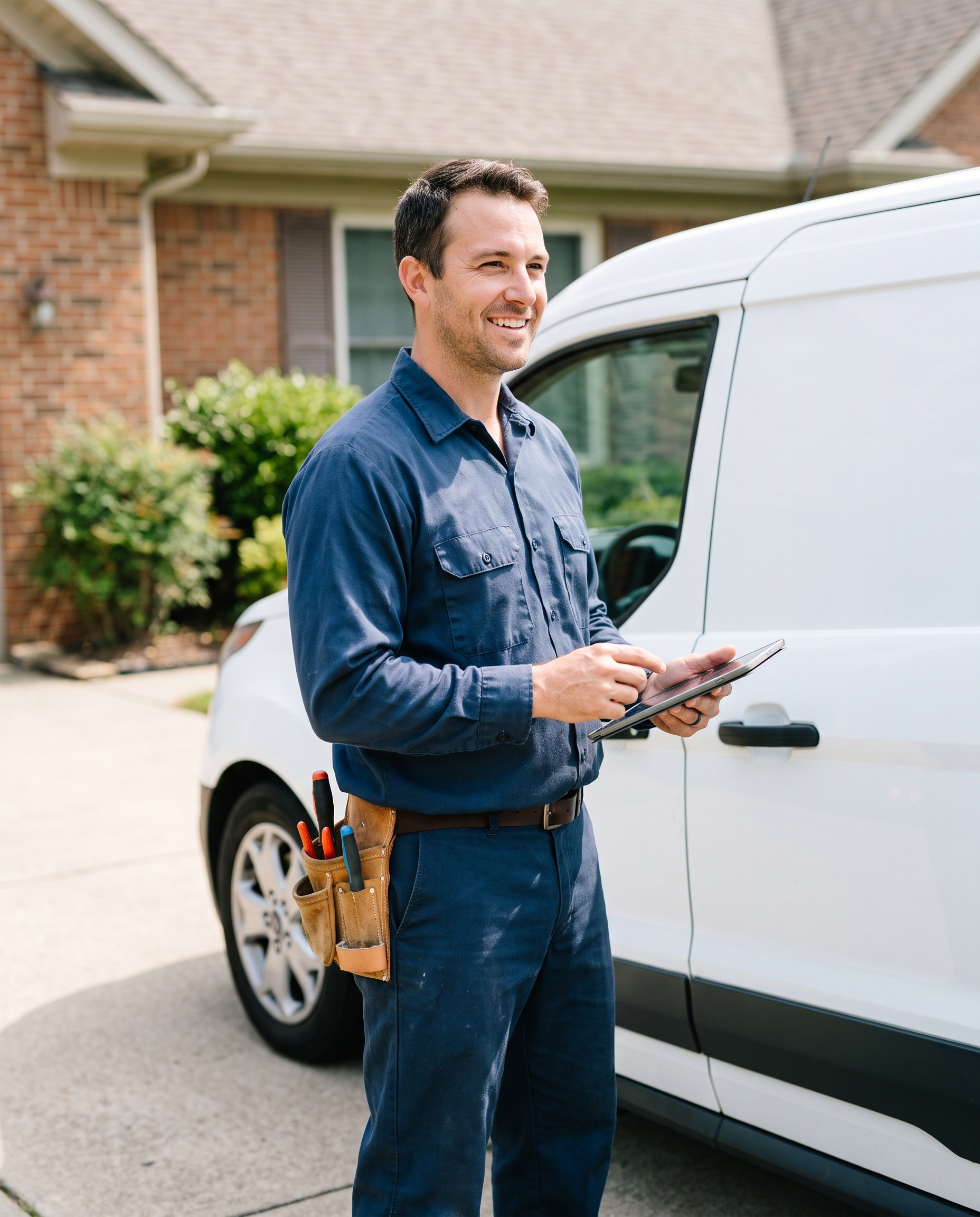 a plumber beside a service van in a suburban driveway