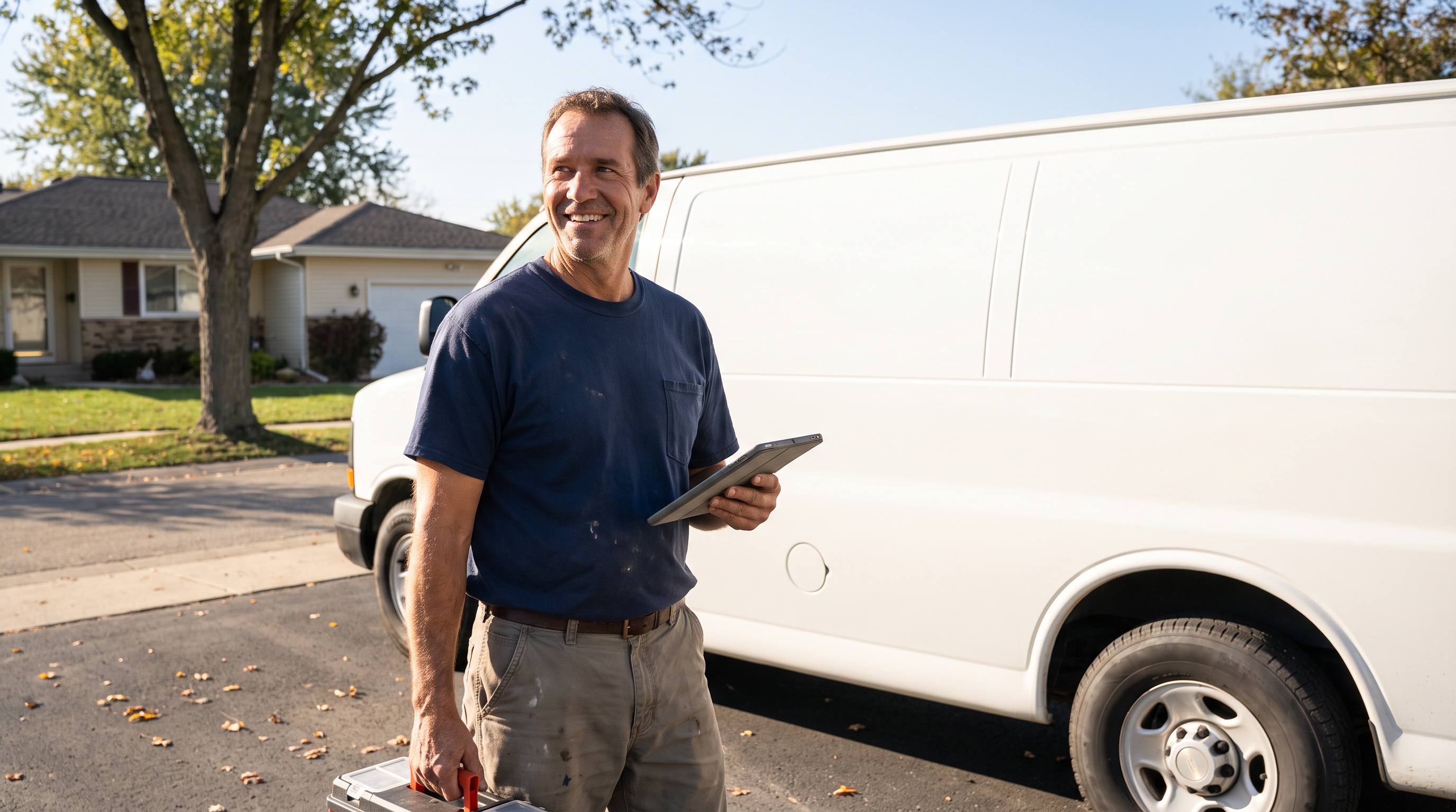 a plumber beside a service van in a suburban driveway