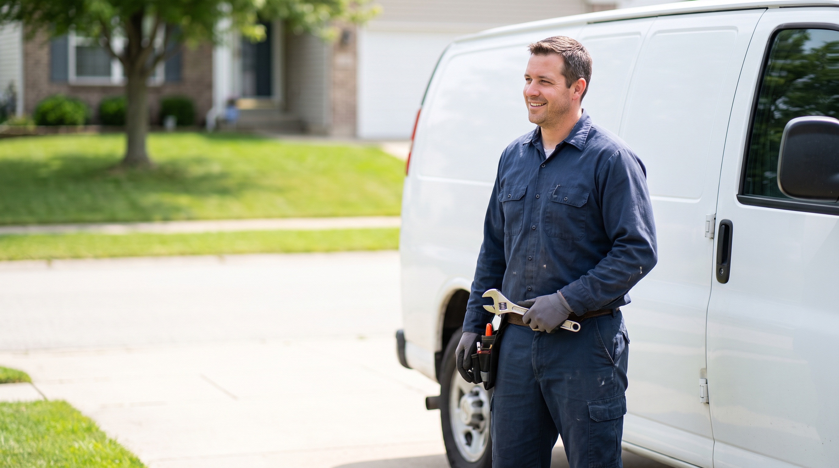 a plumber beside a service van in a suburban driveway