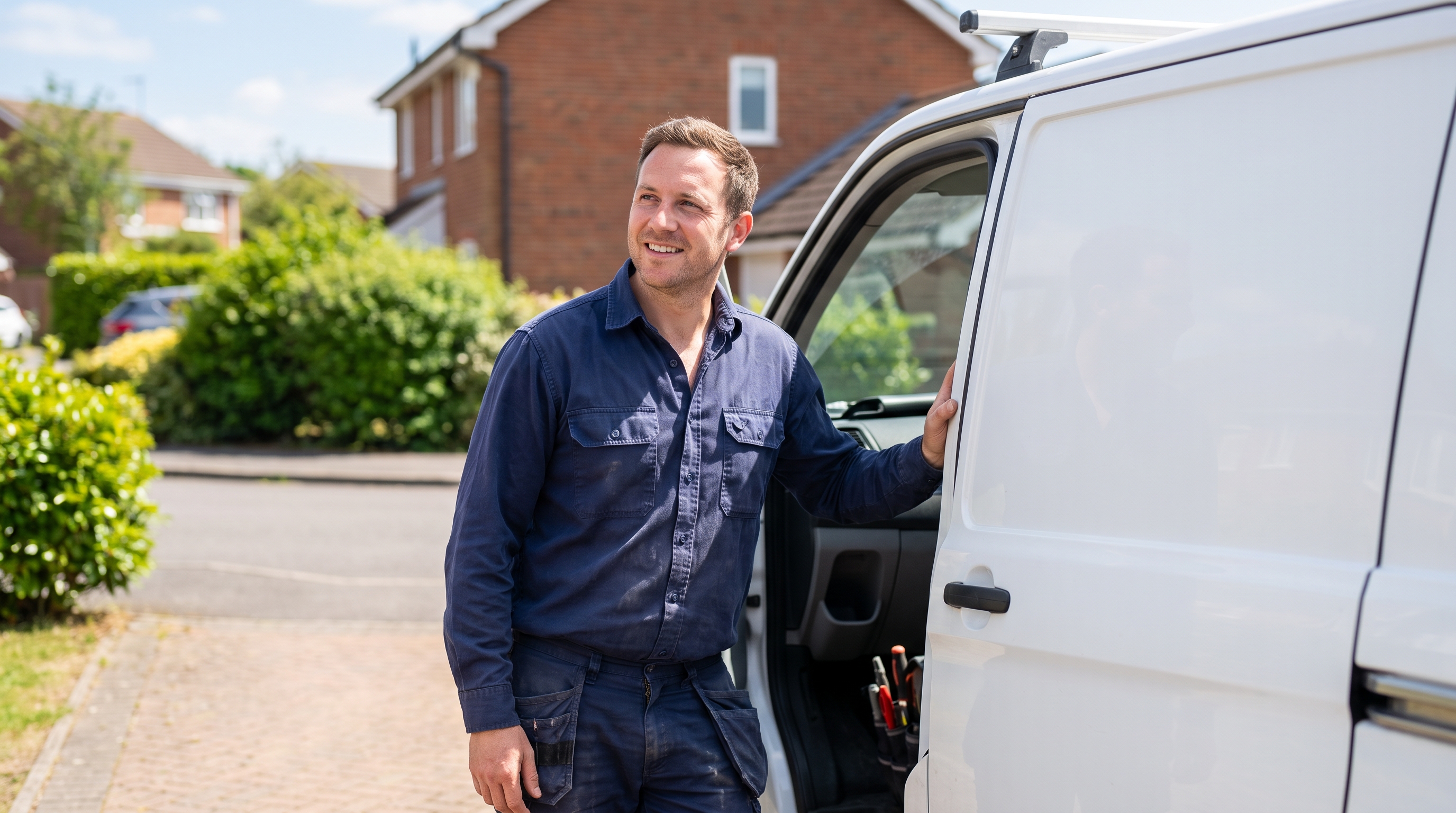 a plumber beside a service van in a suburban driveway