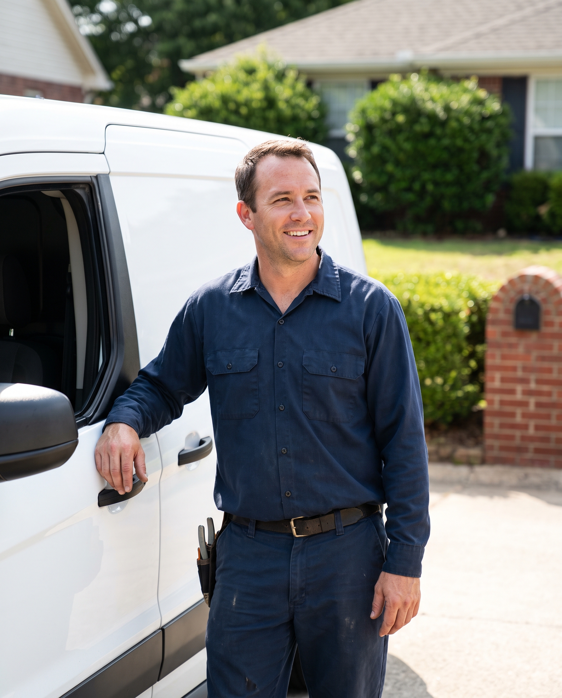 a plumber beside a service van in a suburban driveway