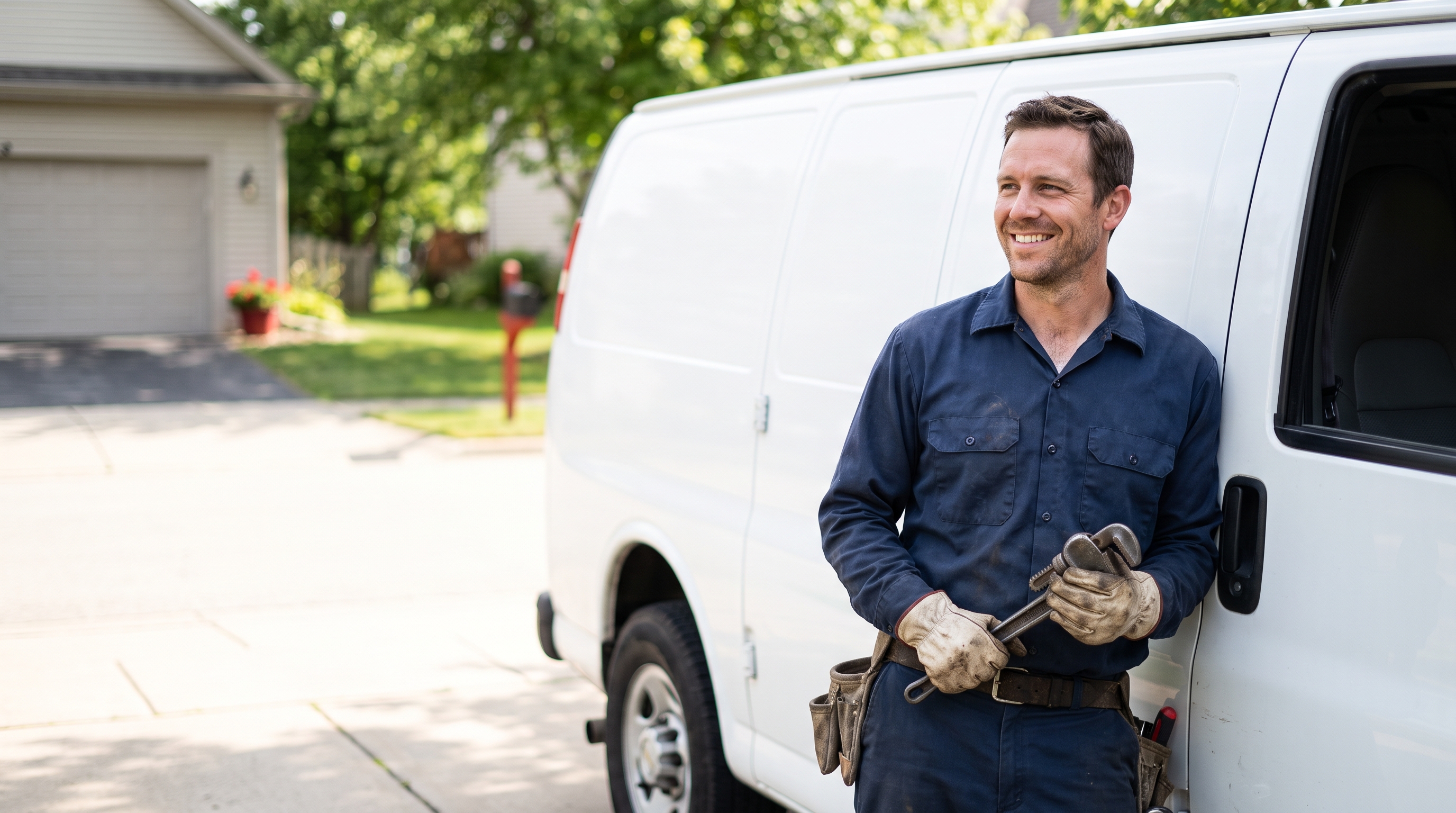 a plumber beside a service van in a suburban driveway