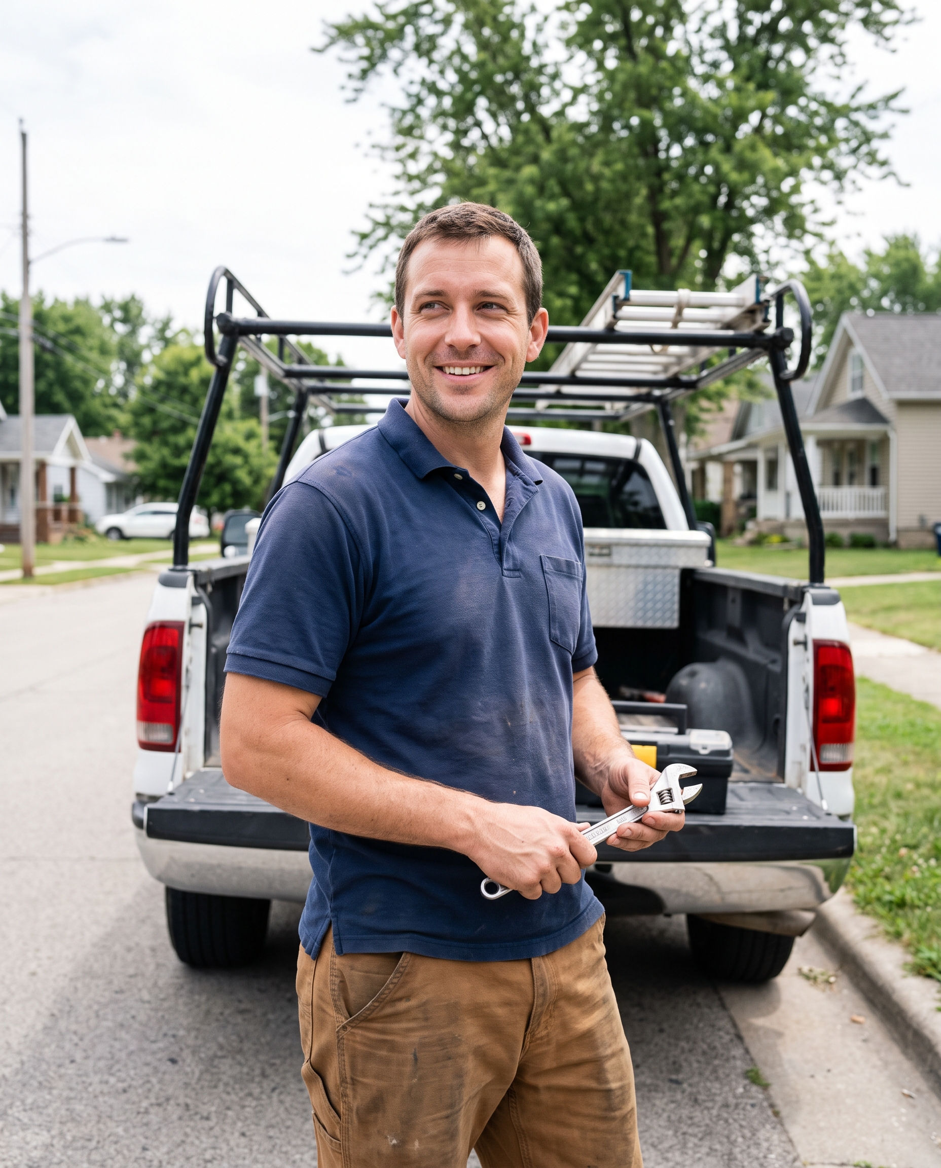 a plumber beside a service van in a suburban driveway