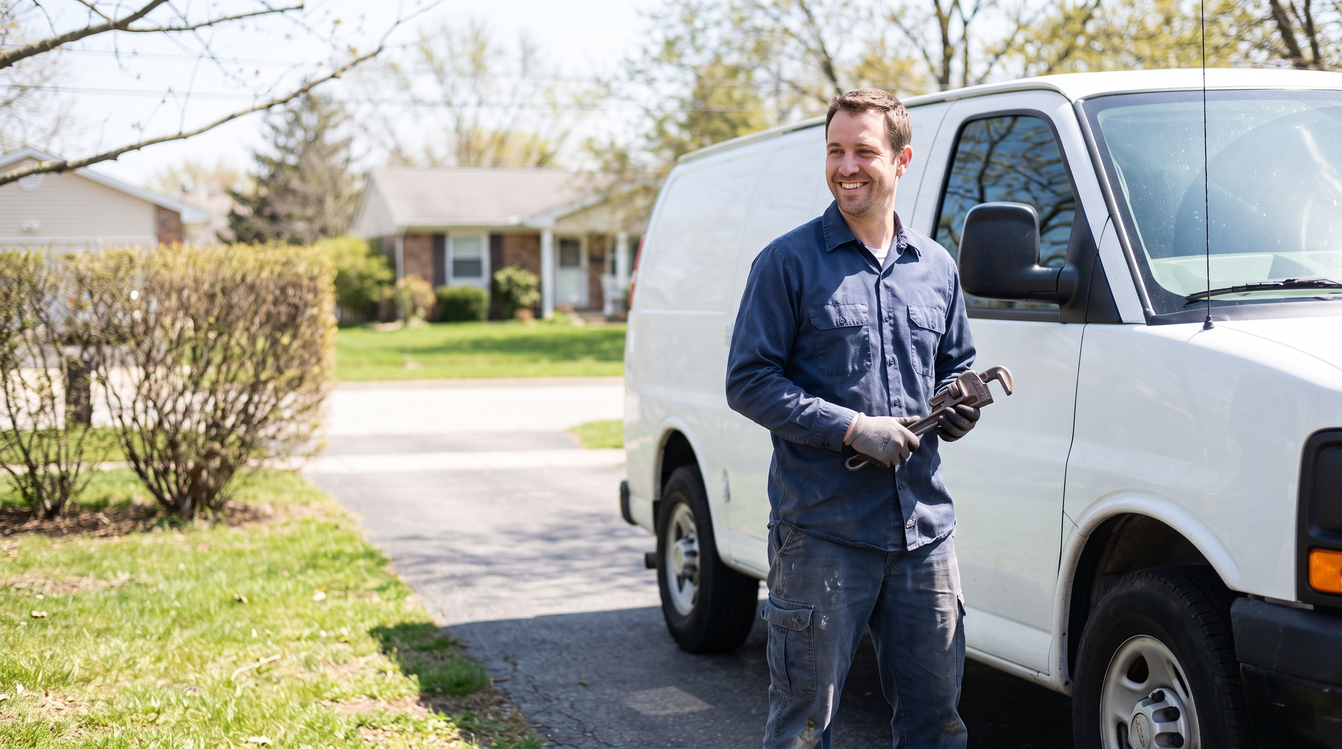A plumber beside a service van in a suburban driveway