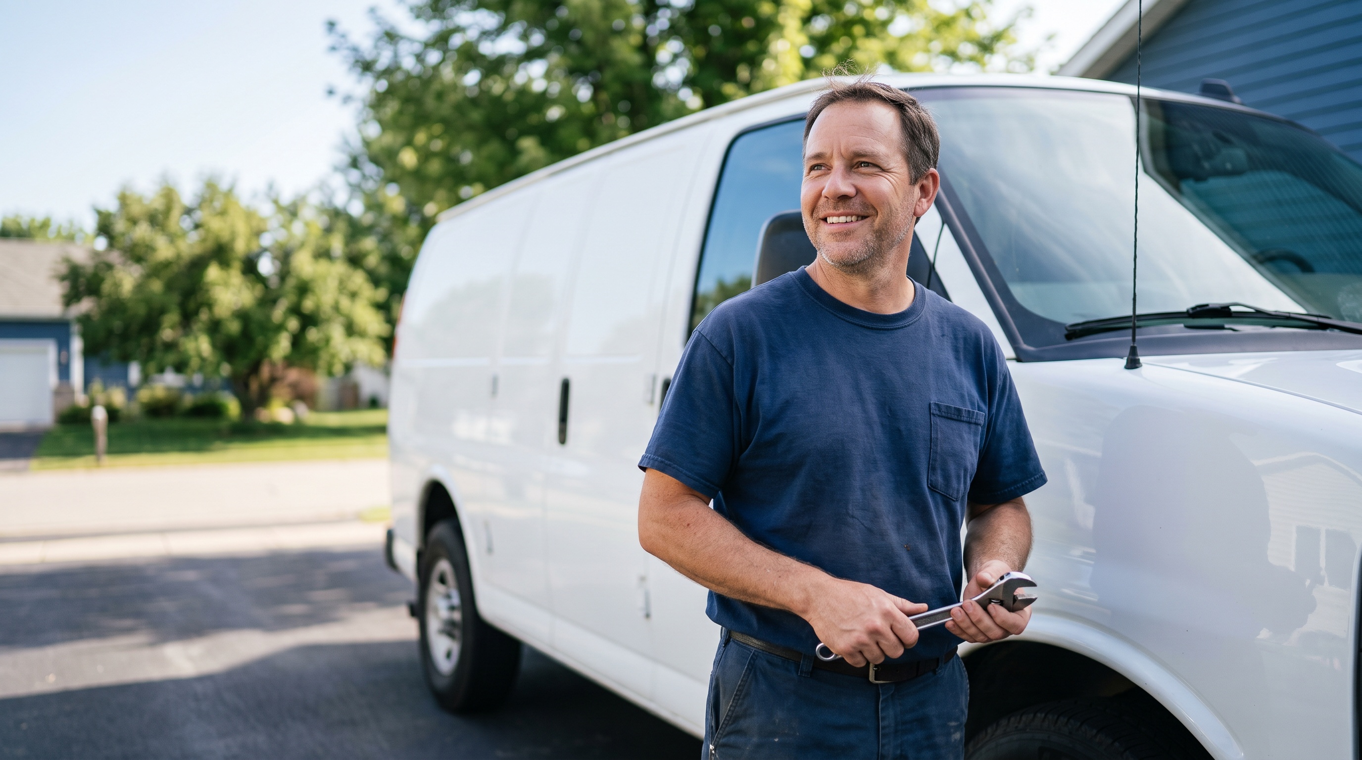 a plumber beside a service van in a suburban driveway