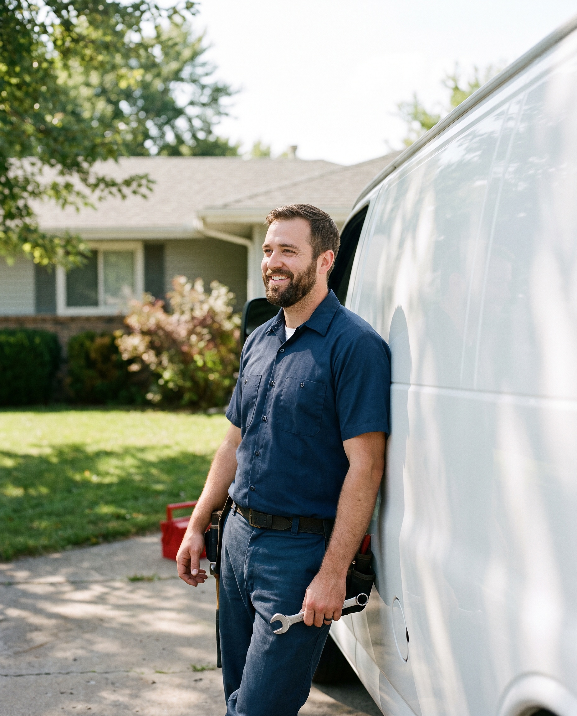 a plumber beside a service van in a suburban driveway