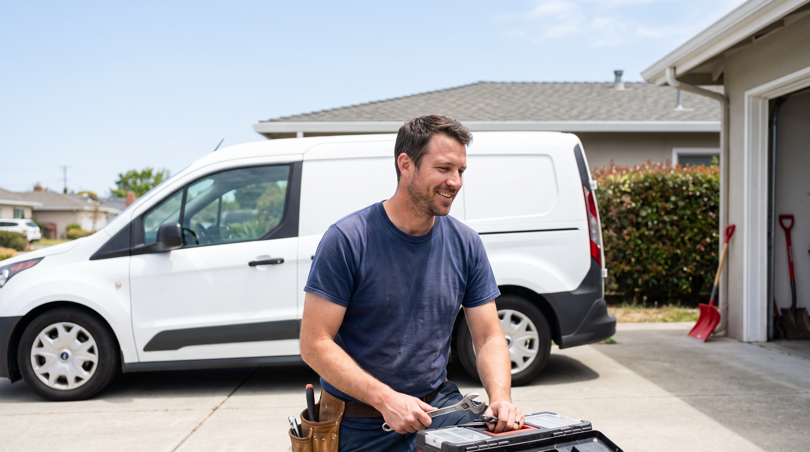 a plumber beside a service van in a suburban driveway