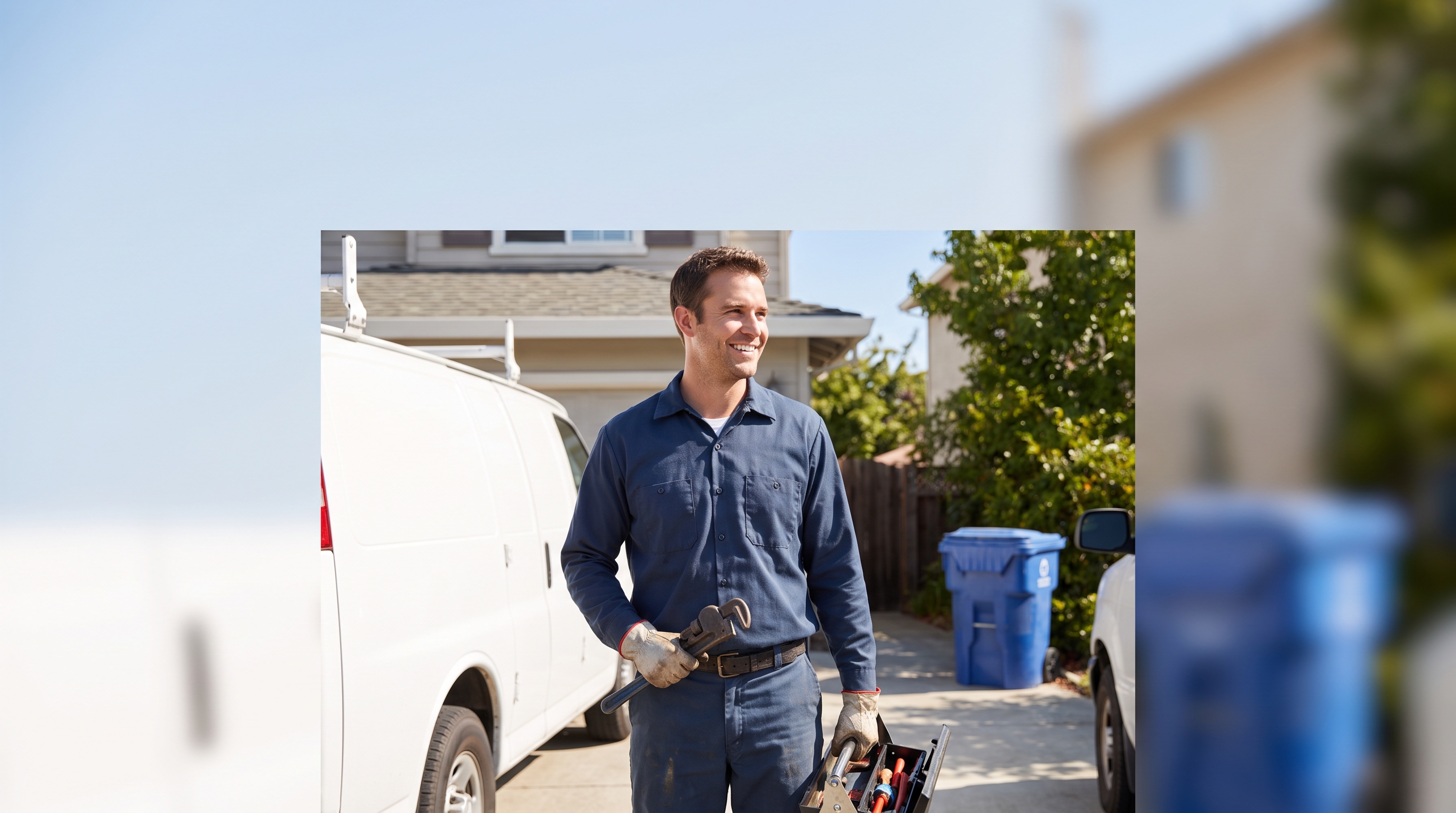 a plumber beside a service van in a suburban driveway