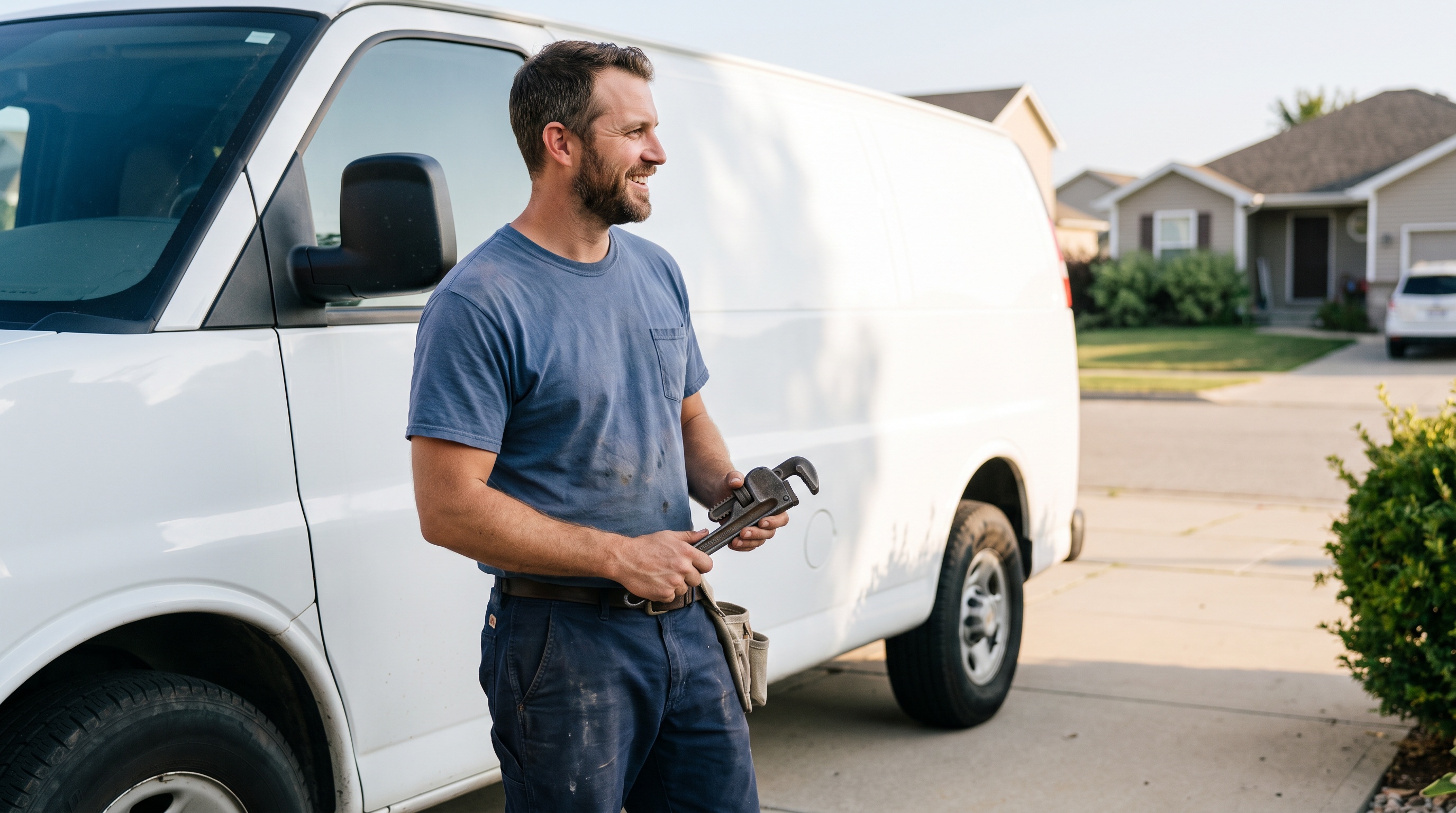a plumber beside a service van in a suburban driveway