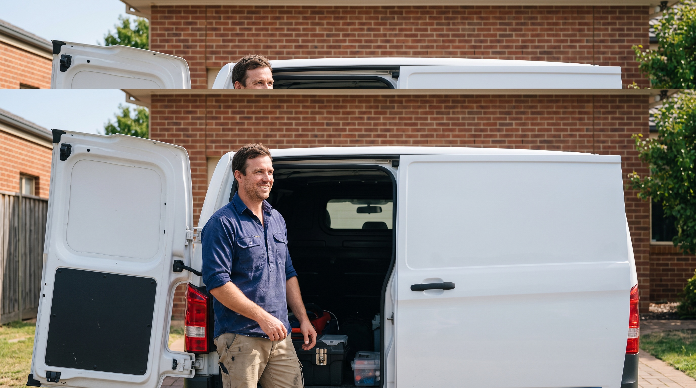 a plumber beside a service van in a suburban driveway