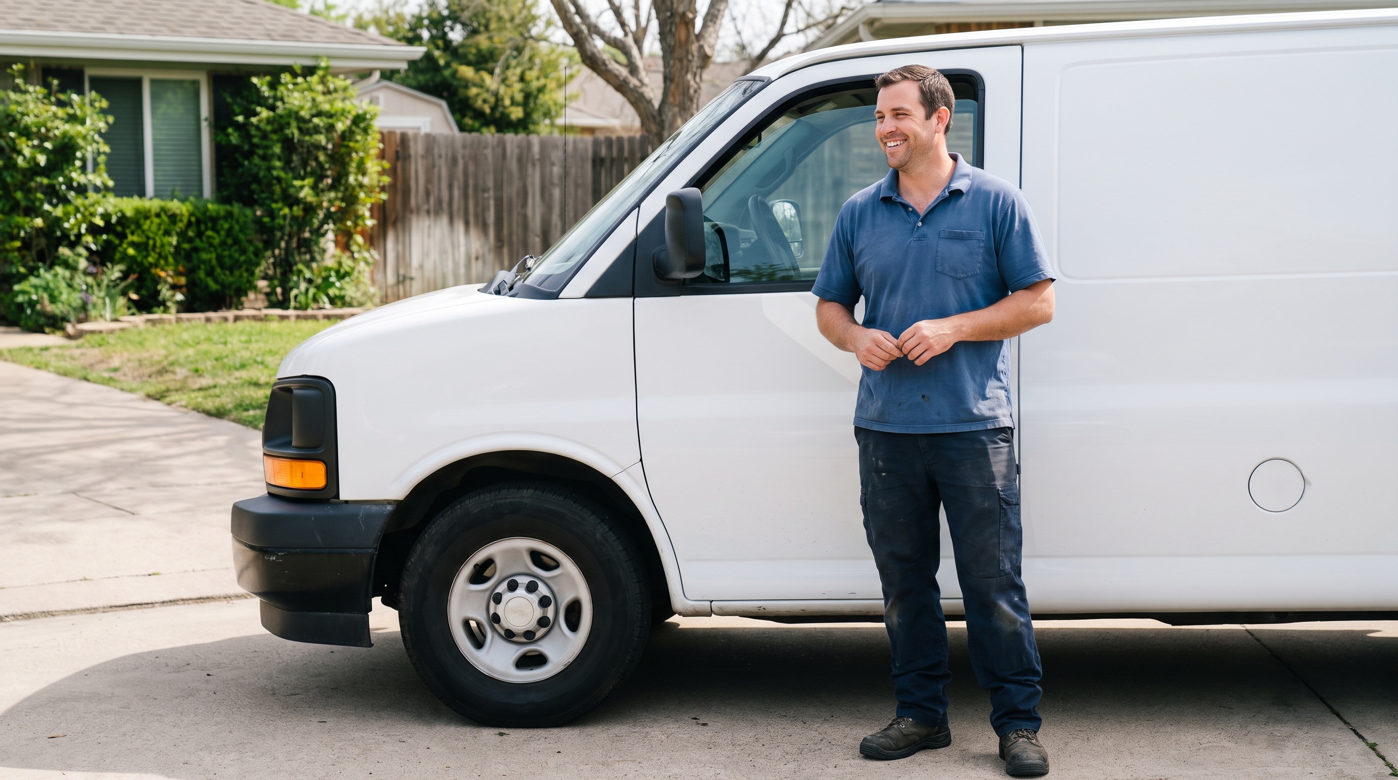 a plumber beside a service van in a suburban driveway