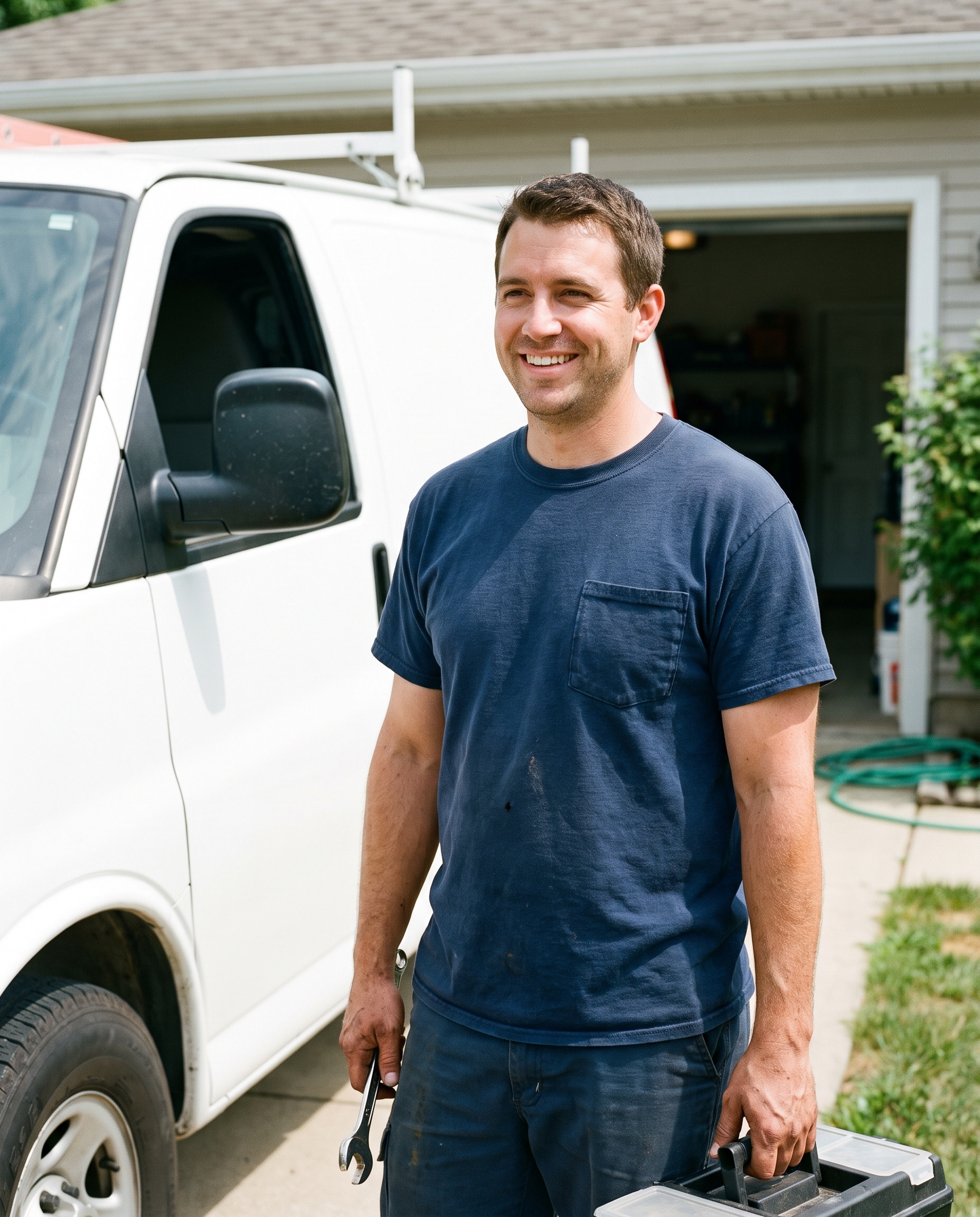a plumber beside a service van in a suburban driveway
