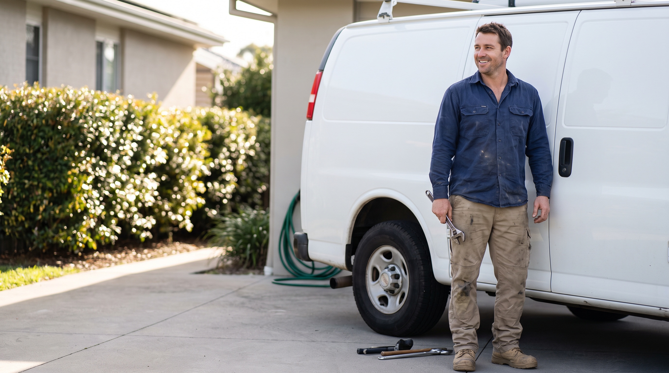 a plumber beside a service van in a suburban driveway