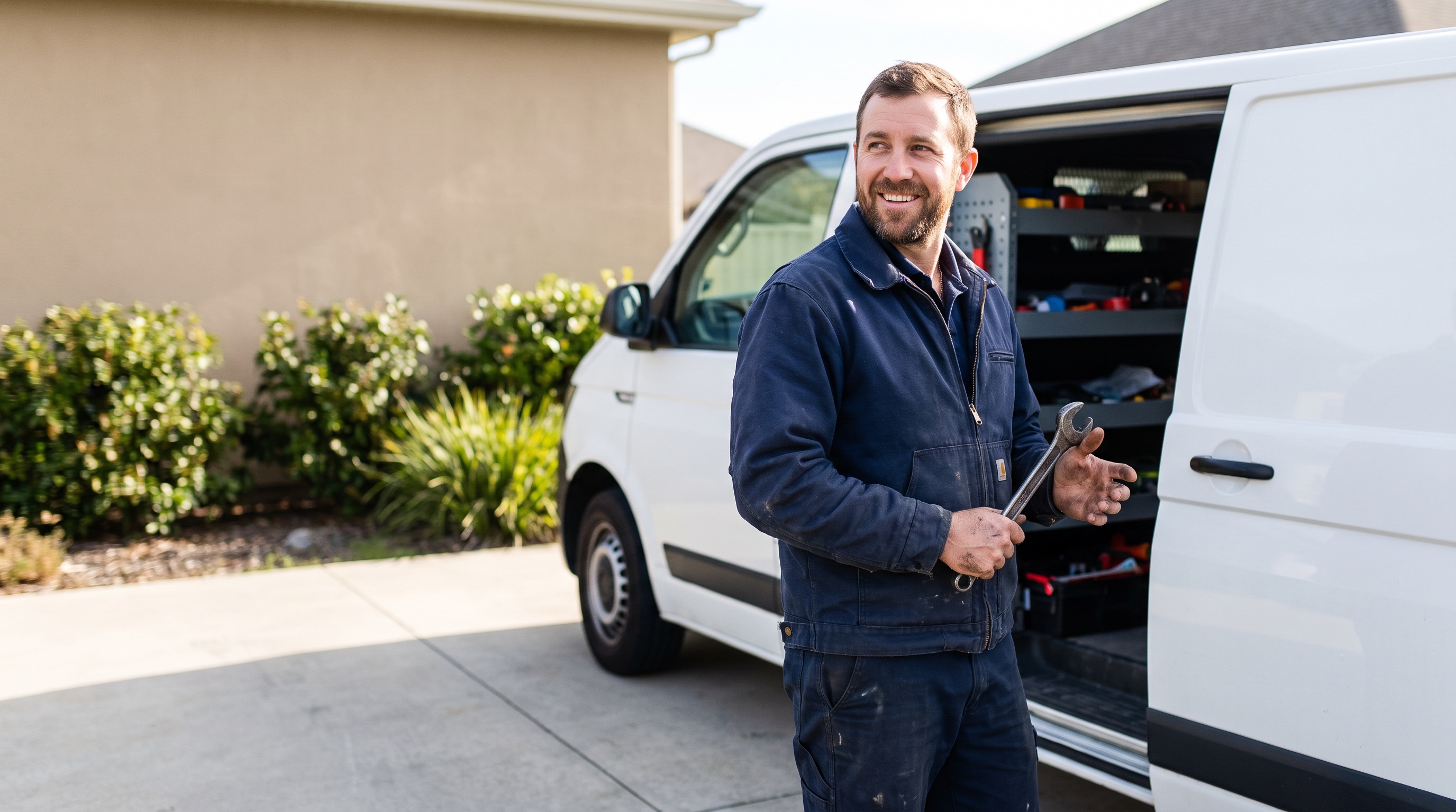 a plumber beside a service van in a suburban driveway