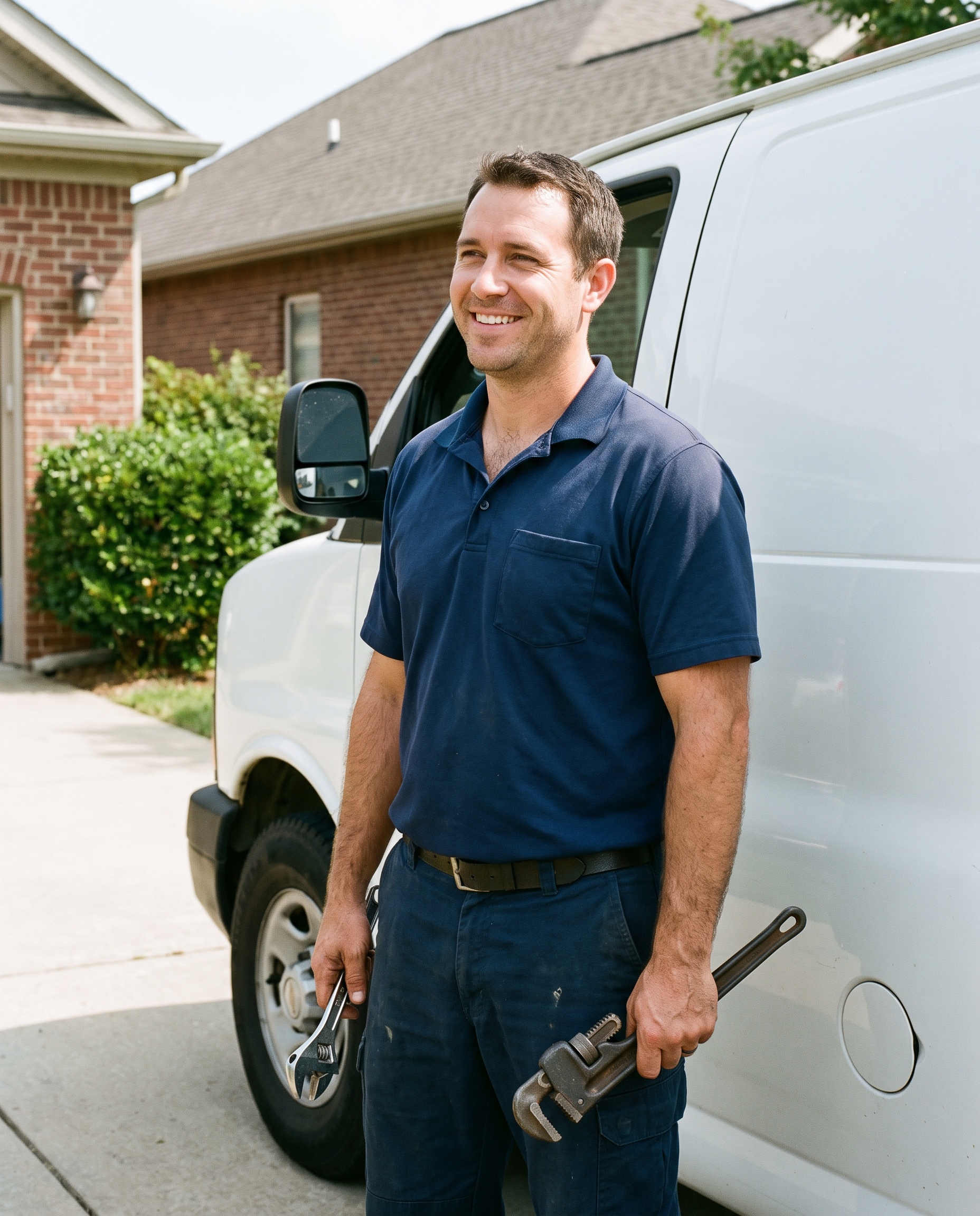 a plumber beside a service van in a suburban driveway