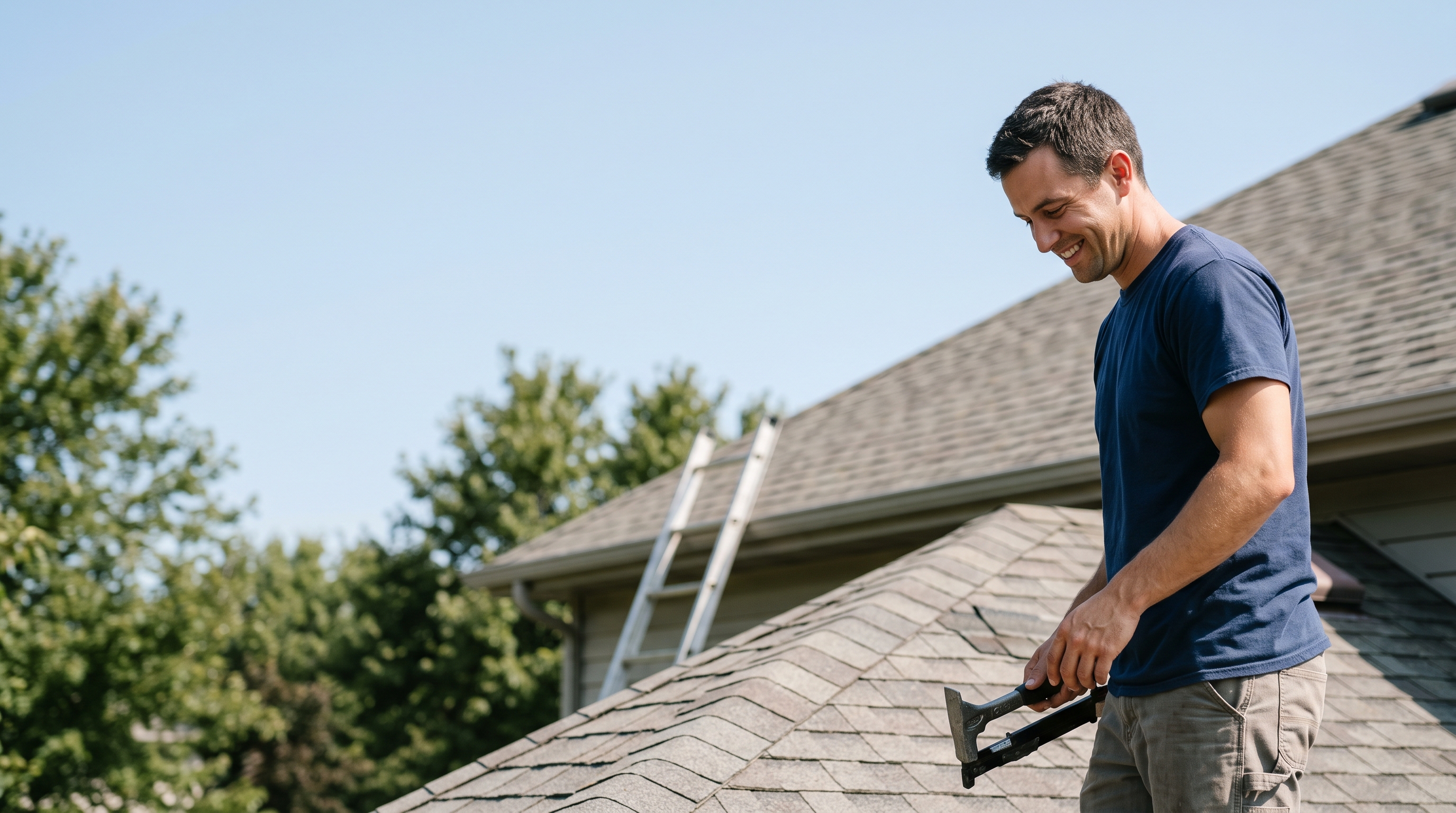 a roofing professional standing on a residential roof