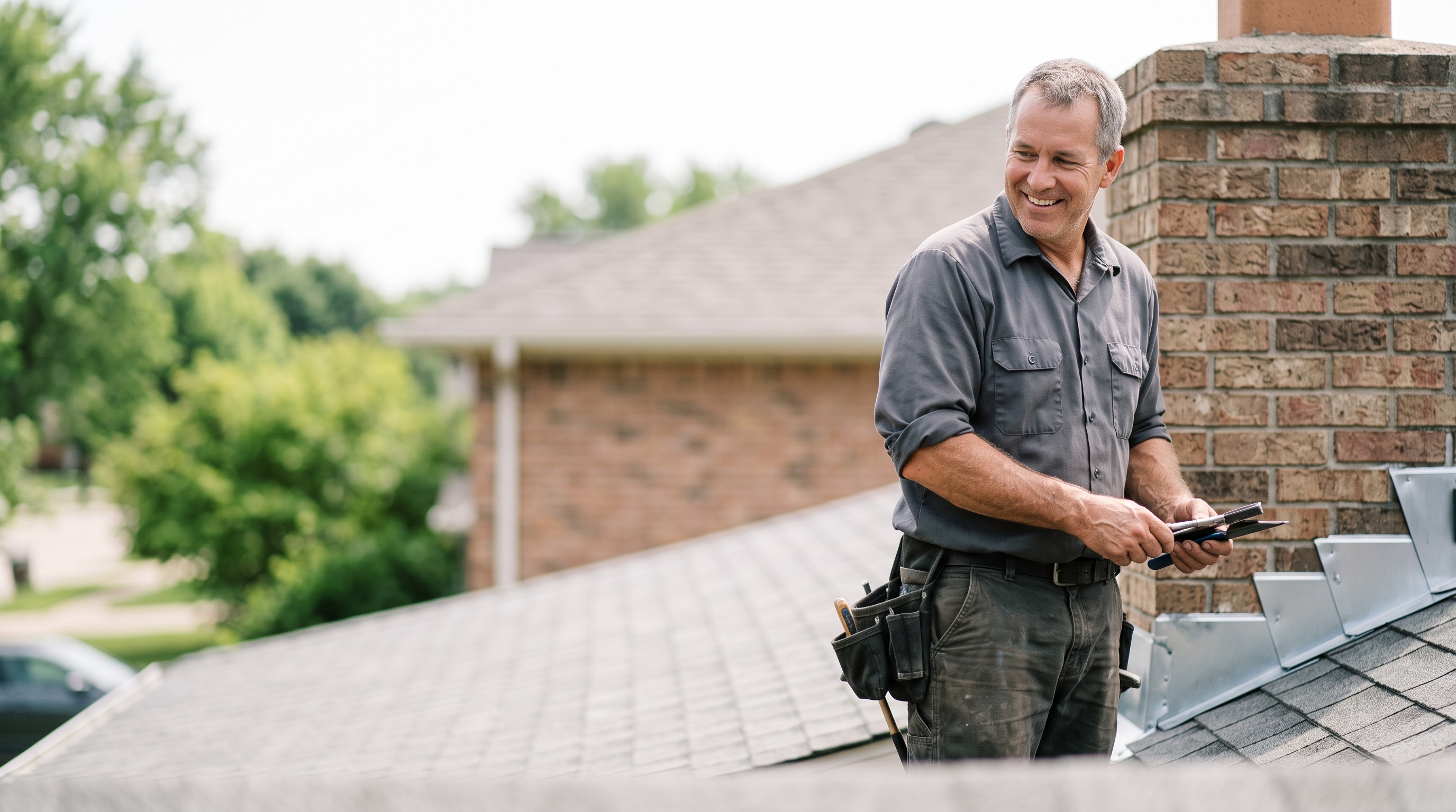 a roofing professional standing on a residential roof