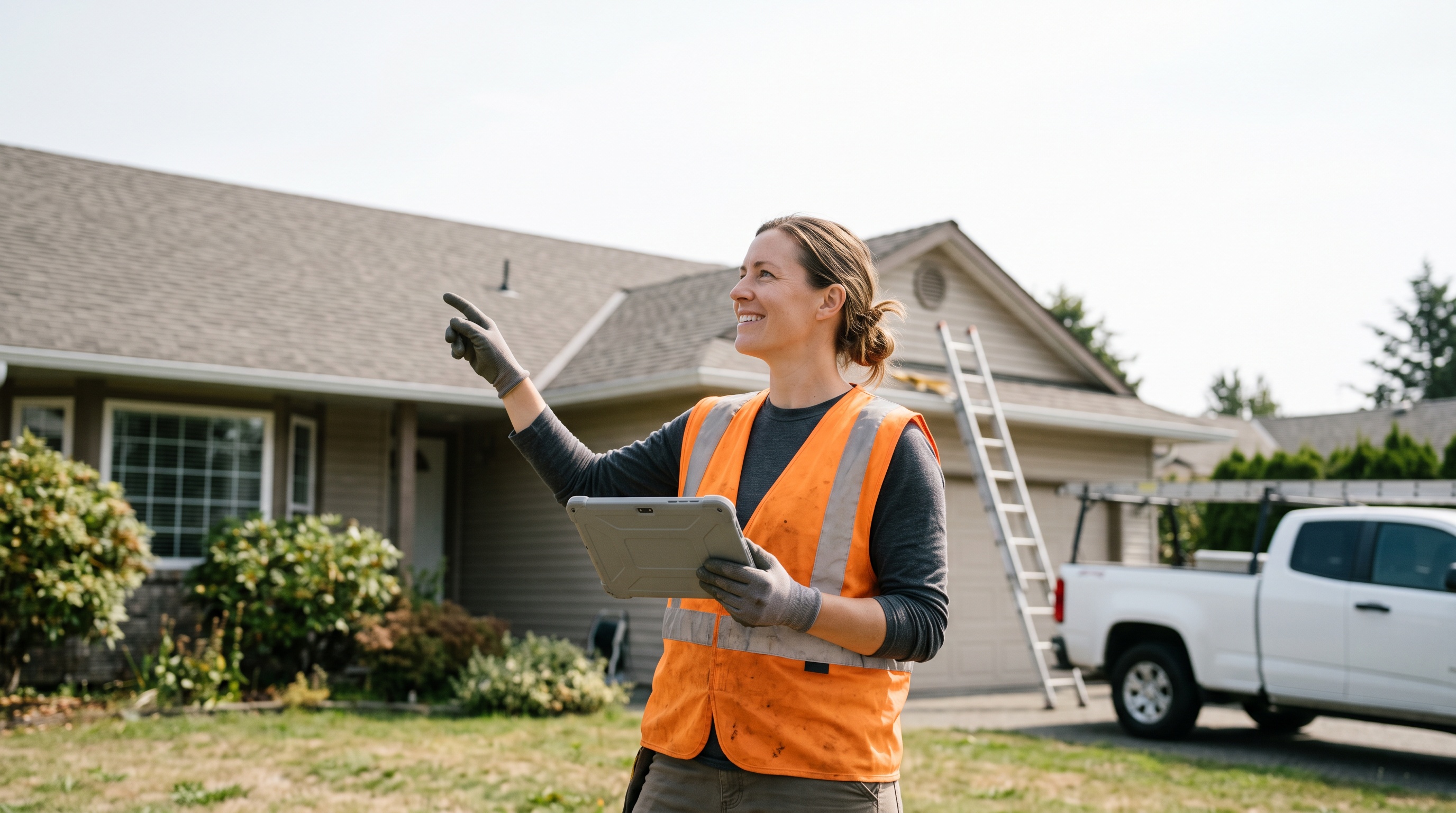 A roofing professional standing on a residential roof