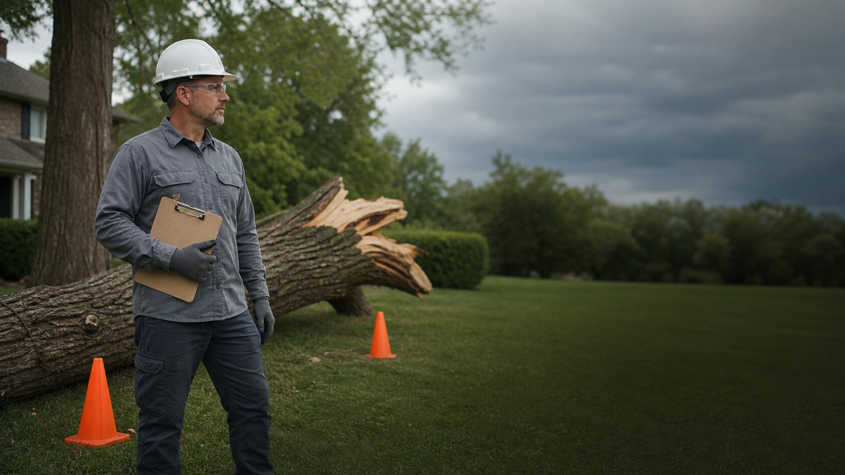 a tree service professional in a residential yard beside a mature tree