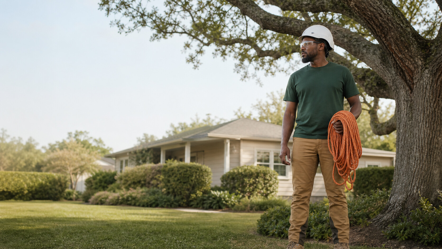 a tree service professional in a residential yard beside a mature tree