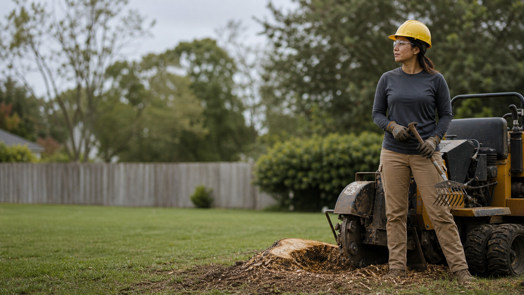 a tree service professional in a residential yard beside a mature tree